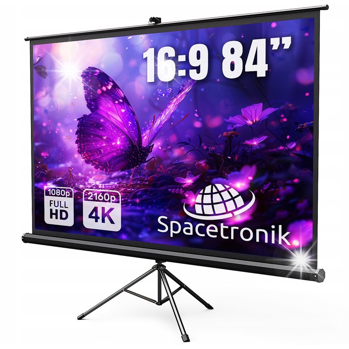 Прожекционен екран Spacetronik 84", 4K, 165° ъгъл на видимост, PVC, статив