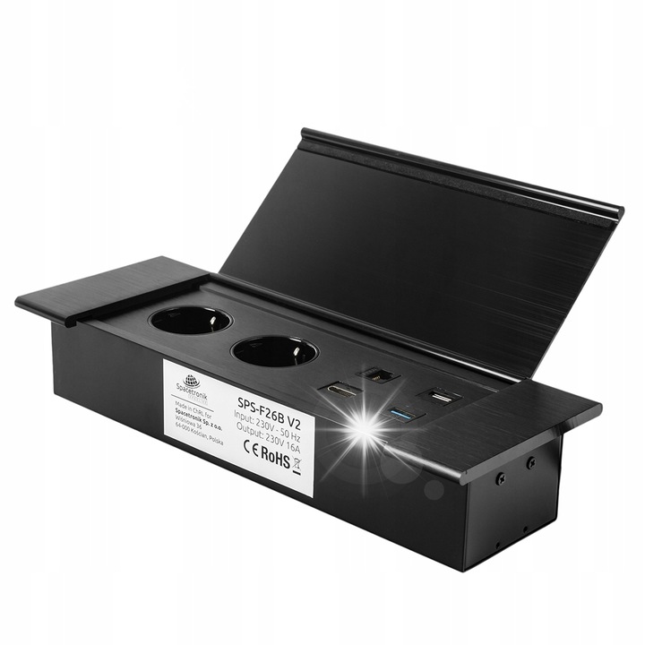 Разклонител за мебели Spacetronik SPS-F26B, Schuko, HDMI, Ethernet, USB 2.0 и 3.0, черен, 28,6x10,3см