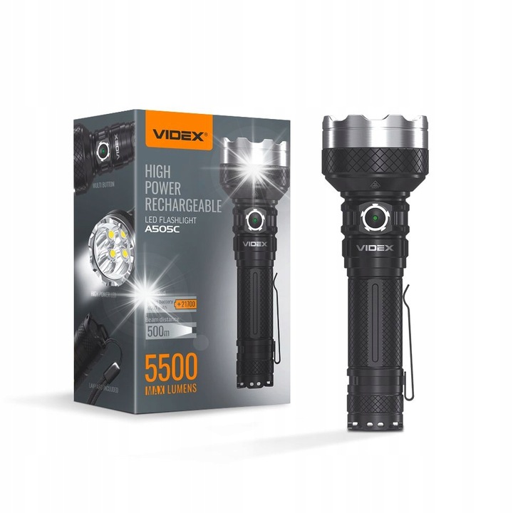 Преносим LED фенер Videx 20W 5500lm IP68 500m, комплект с акумулатор и USB-C кабел