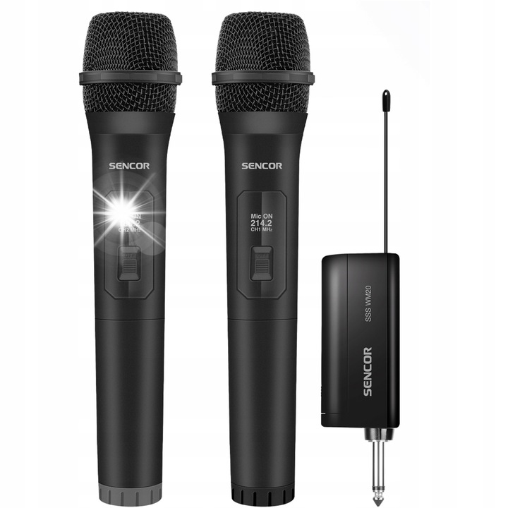 Sencor SSS WM10 vezeték nélküli mikrofon szett vevővel, 20m hatótáv, fekete, méretek 24,5x5x5cm