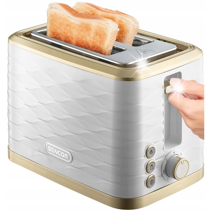 Електрически тостер Sencor STS 7500WH, 2 филии, 930W, бял/златист, 24,5x16x19см