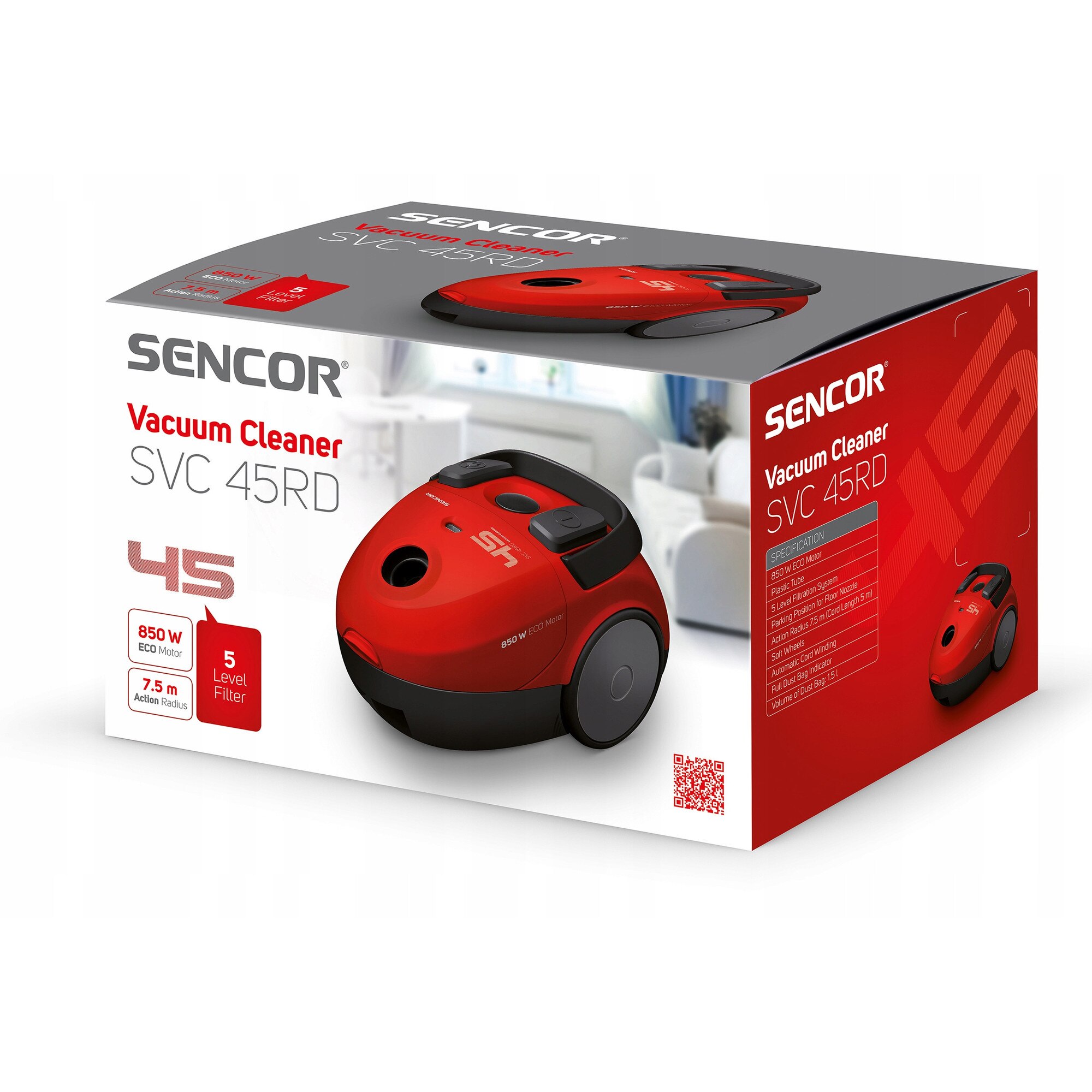 Aspirator cu sac Sencor SVC 45RD-EUE3 rosu 850W 1,5L HEPA 34,5x25,5x21cm
