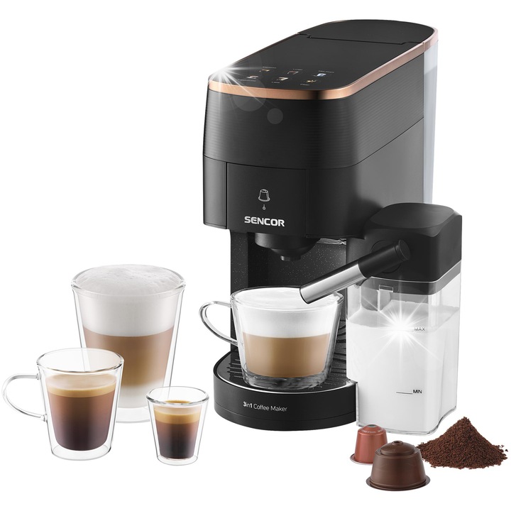 Espressor automat Catler ES 751 B Renzo, 1350W, 20 BAR, 1,6L, negru, cu 3 dimensiuni de cesti, set de accesorii pentru capsule
