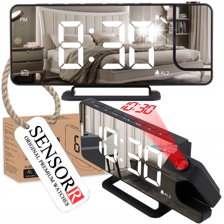 Sensorr elektronikus asztali óra projektorral, 7.8 hüvelykes LED kijelzővel, 4 fényerősségi szinttel, fekete