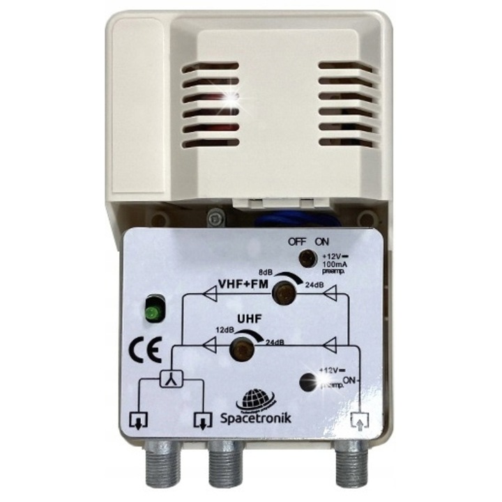 Spacetronik SPA-22X2 TV antenna erősítő VHF/UHF 24dB, 40-400MHz x 470-862MHz, 12V 100mA