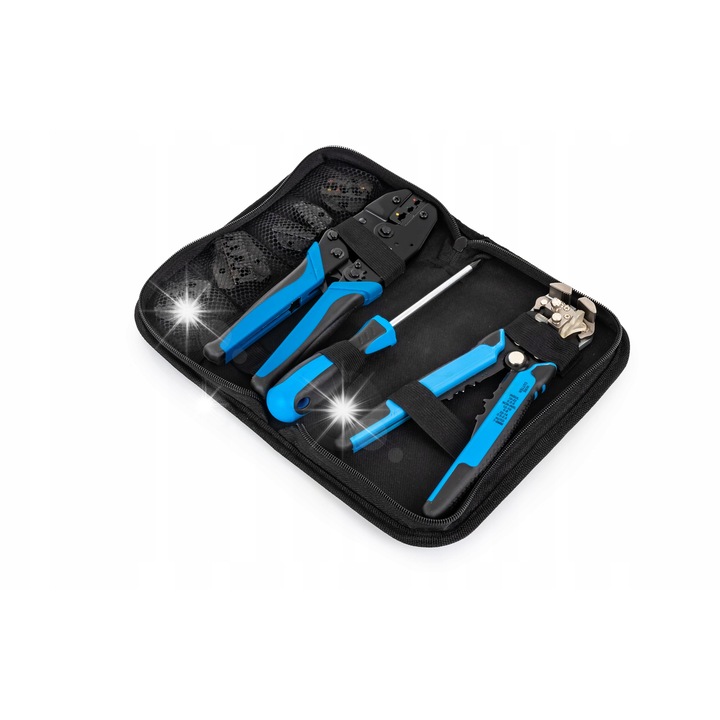 Spacetronik krimpelő és szigeteléseltávolító fogókészlet, 5 cserélhető fej, fekete-kék