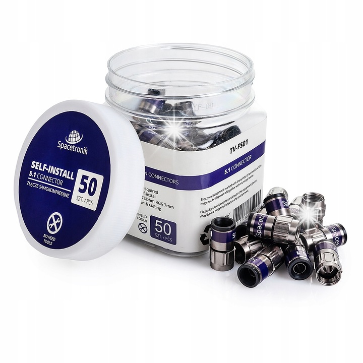 Автокомпресионен F конектор, Spacetronik TV-FS01, 50 броя, 7,2 мм, 22 мм