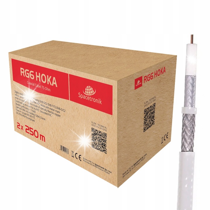 Кабел RG6, 2x250м, 75Ohm, бял, Spacetronik