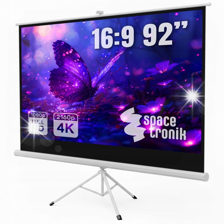 Прожекционен екран Spacetronik 92", удобен, 16:9, FULL HD 4K, на статив