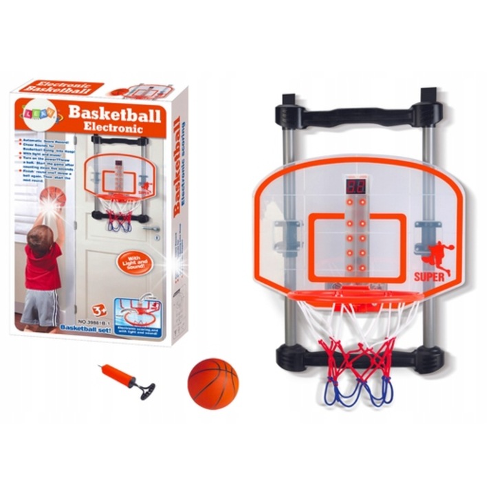 Комплект за игра на баскетбол, LEAN Toys, с трицветна мрежа, помпа, размери 65,5x43x35,5см, 57,5x34,5x8см