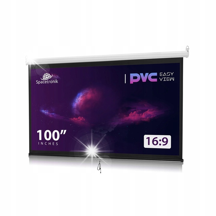 Ръчен прожекционен екран 100", Spacetronik, 16:9, 160° ъгъл на видимост, 2,00x1,12м, бял