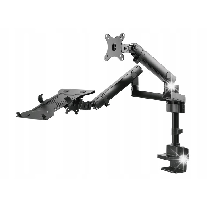 Стойка за монитор и лаптоп Spacetronik SPA-H121, 8кг монитор, 4,5кг лаптоп, монтаж без пробиване, черна, 1159x346x704мм