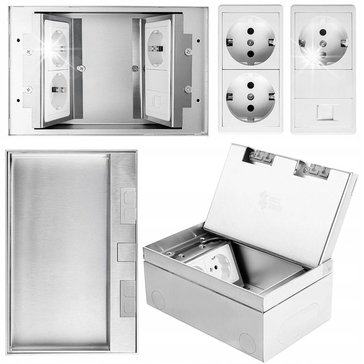 Вграден електрически контакт Schuko с RJ-45, Spacetronik, 3x контакта, сребрист, 20x13x8,5 см