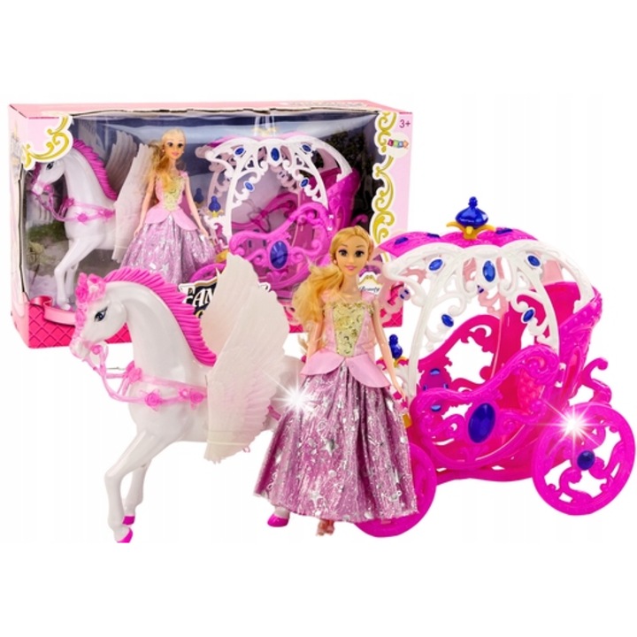 Babakészlet, LEAN Toys, hercegnő hintóval és lóval, fehér-rózsaszín, 31x11x5cm, 33x14x32cm, 29x27x8cm