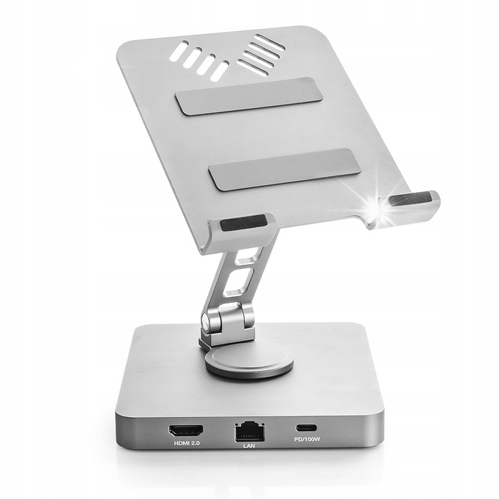 Spacetronik dokkolóállomás, táblagép tartó, USB-C, HDMI, RJ45, ezüst, 11,8x13cm