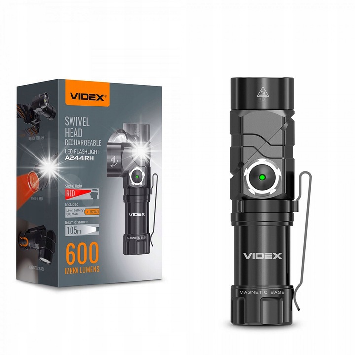 Преносим LED фенер Videx VLF-A244RH 600Lm 5000K, USB-C, 7 режима на работа, черен, 87.4x23x22.5mm