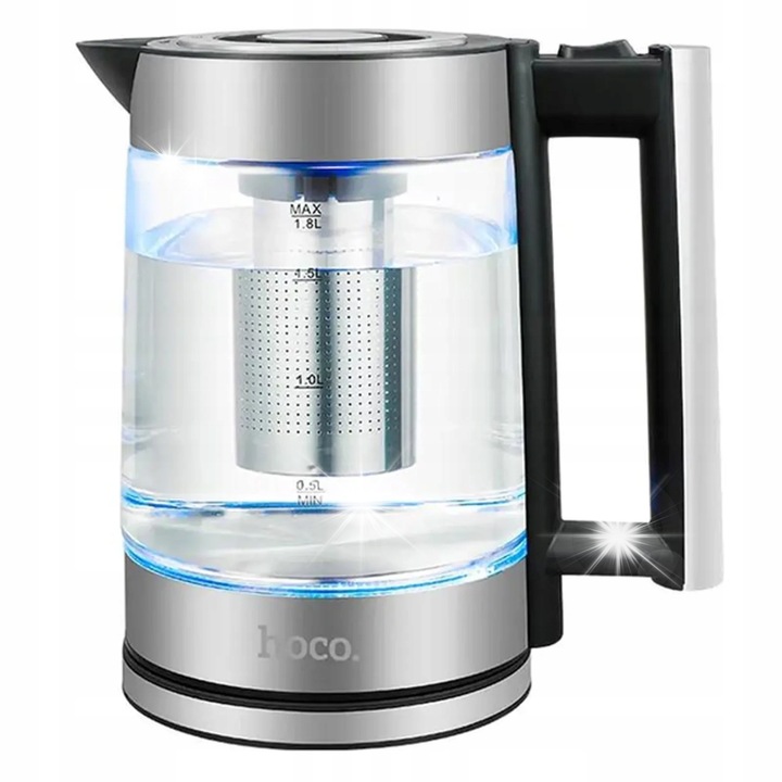 Fierbator electric Adler, 1,7L, sticla, 2200W, reglare temperatura, negru