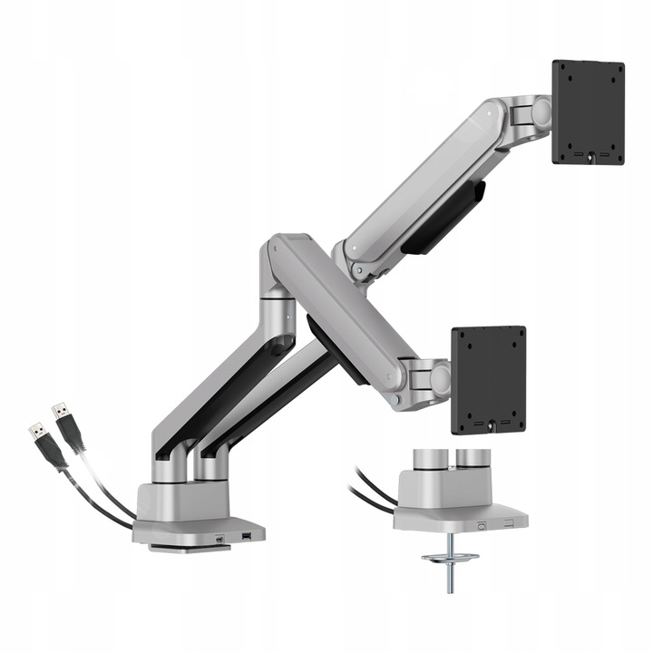 Стойка за 2 Монитора, Spacetronik, 17-40", 24кг, USB-A и USB-C, Монтаж чрез Скоба или Отвор, Сив и Черен