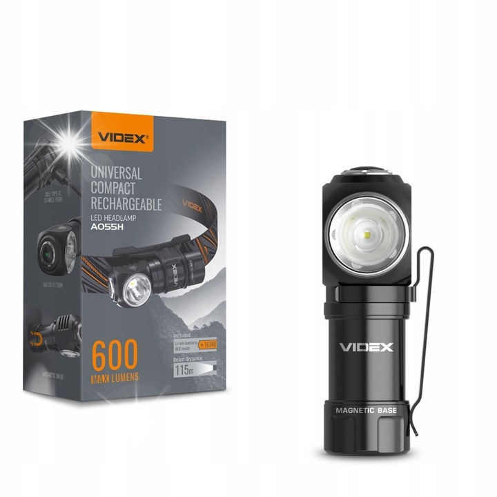 LED фенер Videx A055H 600lm 5700K, акумулатор 16340, черен, 74,5x23x27мм