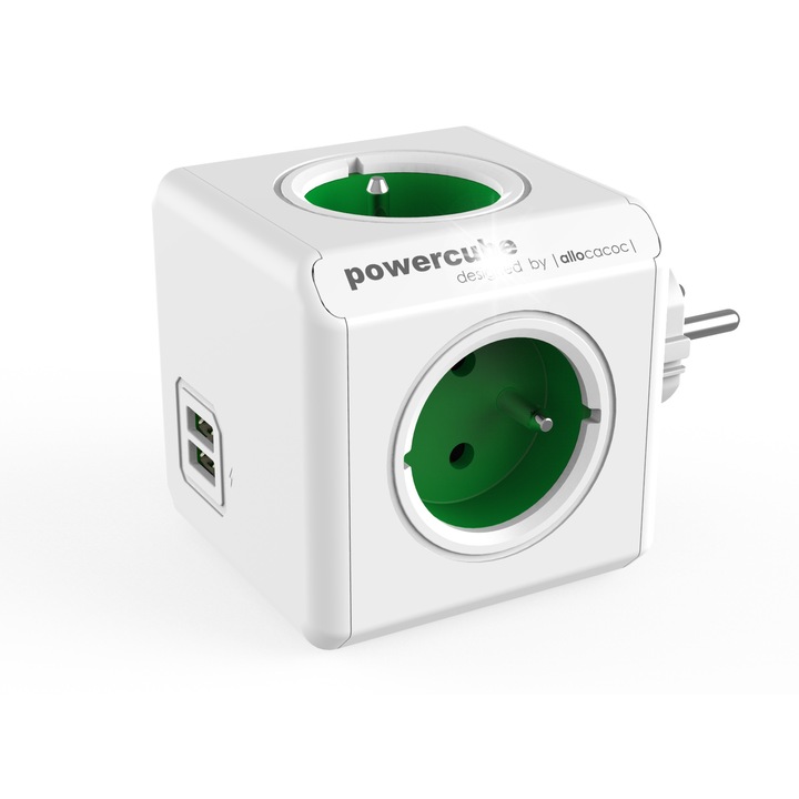 Разклонител Allocacoc PowerCube Original 4 контакта 230V, 2xUSB 2.1A, зелен