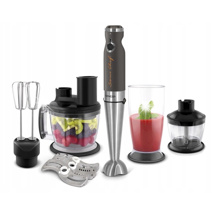 Пасатор Sencor SHB 5501CH, 1200W, 20 скорости, инокс-черен, комплект с 3 аксесоара, съд 800мл, чопър 500мл