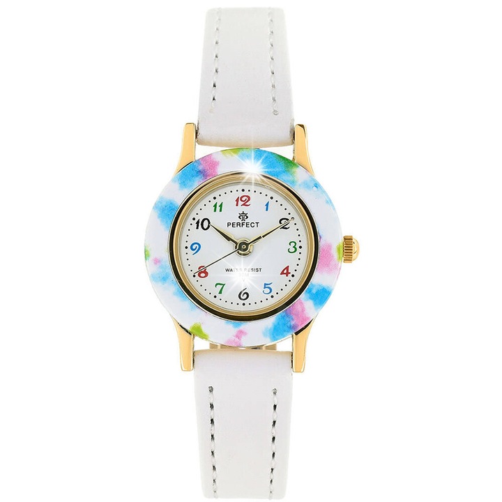 Детски часовник Perfect LP165-04, бял/цветен, кварцов механизъм, 24.5x8 мм, комплект с кутия за първо причастие