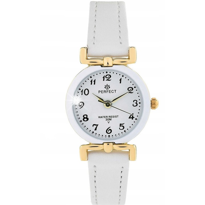Детски часовник Perfect PF00313, бял, кварцов механизъм, 25x8мм, бяла кожена каишка, водоустойчив 30м