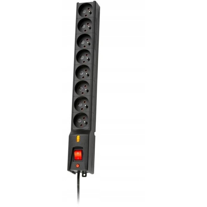 Разклонител Lestar, 8 гнезда, 5м, черен, със защита от пренапрежение