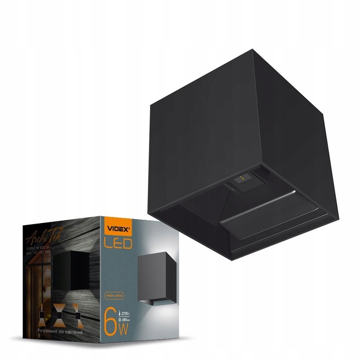 Videx LED fali lámpa, 6W, 2700K, fekete, 100x100x105mm, IP54, kültéri/beltéri világítási készlet