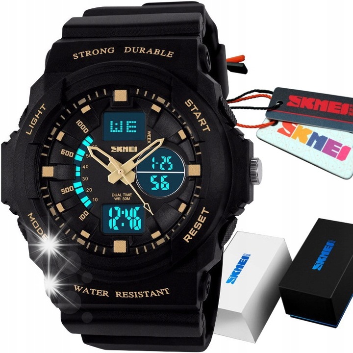 Детски спортен часовник Skmei, електронен/аналогов, луминисцентен, 43x47x16мм, каучуково-силиконова каишка, 25см