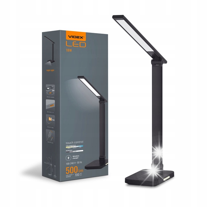 Lampa birou LED Videx 18W 1800K-6500K neagra, cu incarcare wireless si USB