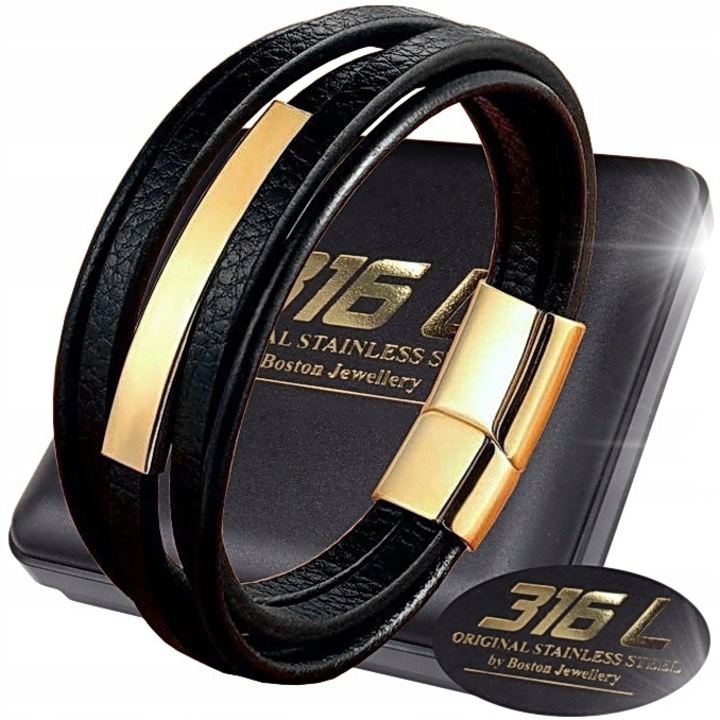Bratara din piele pentru barbati, Boston Jewellery, inox 316L, culoare neagra, 21x2,5cm