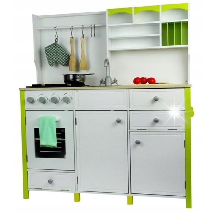 LEAN Toys fa gyerekkonyha, zöld-fehér, mikrohullámú sütővel, hűtőszekrénnyel, sütővel, 85x33x105cm