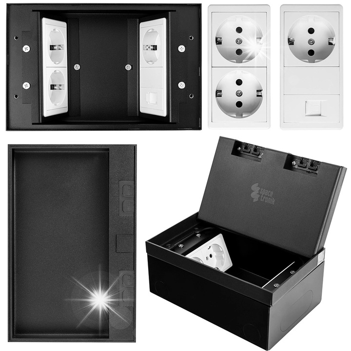 Подов контакт Schuko 3x, 1xRJ-45, Spacetronik, черен, 20x13x8,5см