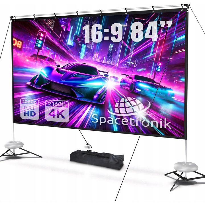 Преносим прожекционен екран 84", FULL HD 4K, 16:9, със стойка, пълен комплект