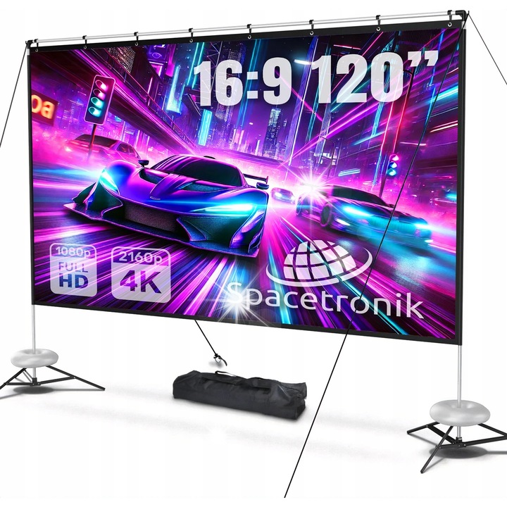 Преносим прожекционен екран 120", FULL HD 4K, 16:9, със стойка, пълен комплект