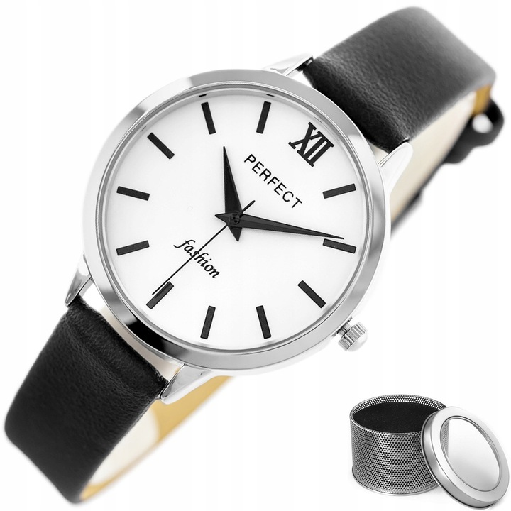 Ceas dama Perfect Megi, alb-negru, curea piele, 34x40x6mm, set cu cutie