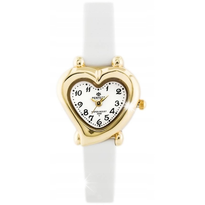 Детски часовник Perfect, модел сърце, бял, кожена каишка, 26x28 мм