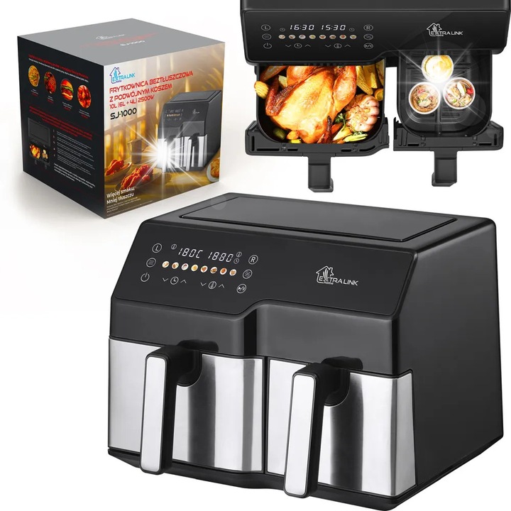 Dual kosaras Air Fryer 10L (6L+4L) 2500W, egészséges főzés, hőmérséklet-szabályozás, többszínű