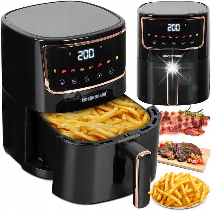 Heckermann olajmentes fritőz, 1800W, 4,7L, 8 program, fekete