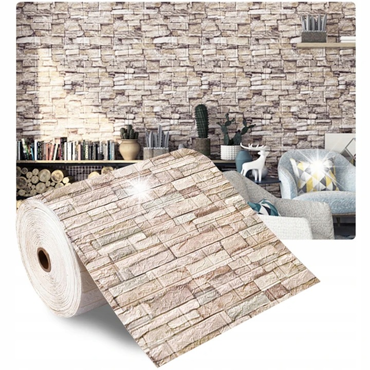 Set 10x Panouri 3D Autocolante, Piatra, Bej, 77x70cm