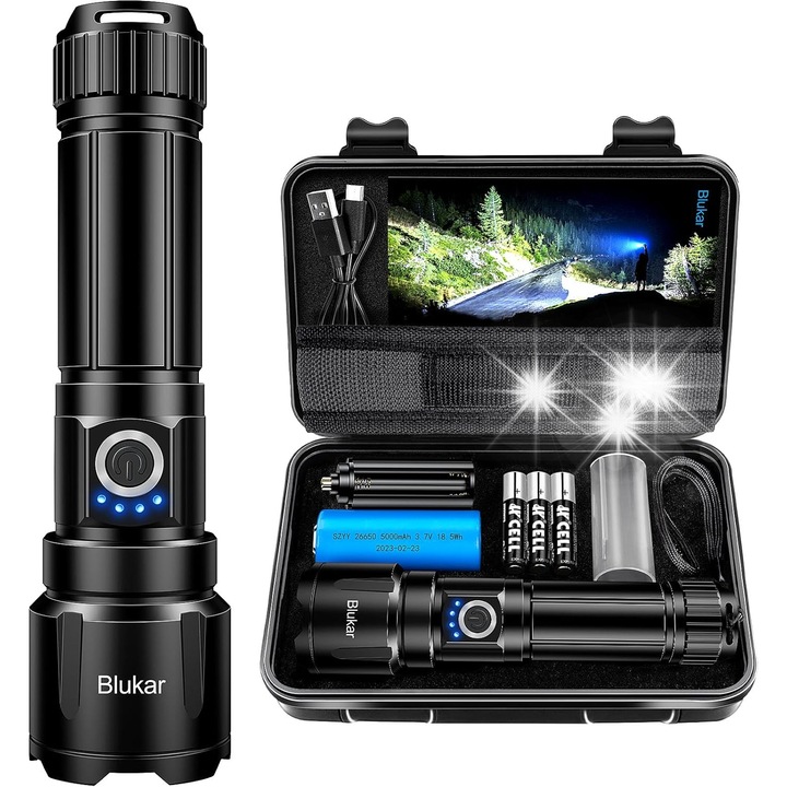Фенер Blukar LED 20000 лумена, 5 режима, USB зареждане, алуминий, удароустойчив