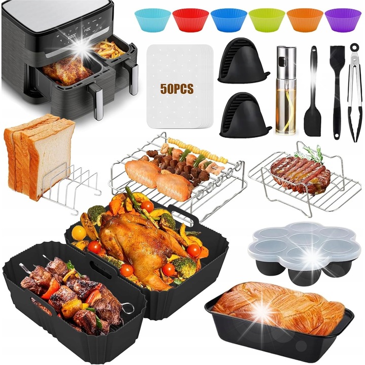 Set accesorii pentru friteuza Tefal EY9018 Dual Easy Fry & Grill, 18 piese, silicon, otel inoxidabil, multicolor