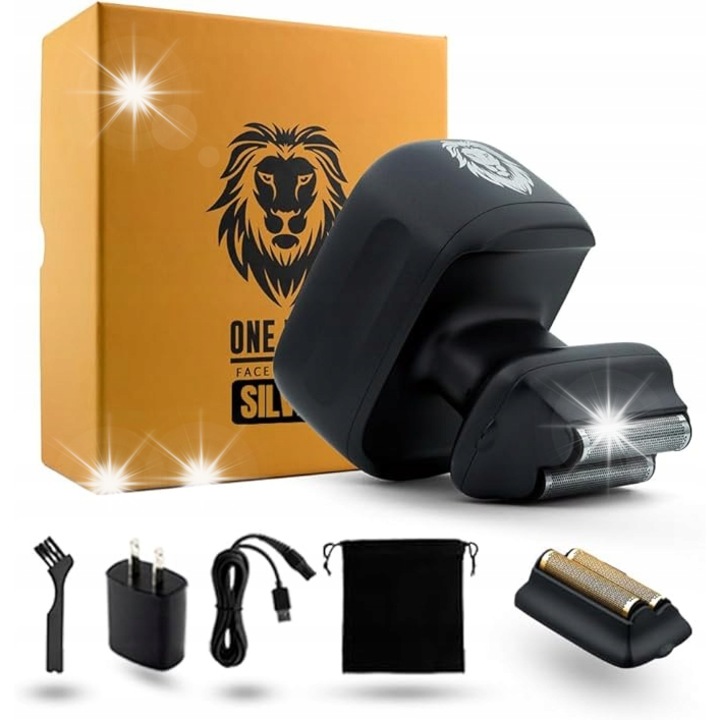 Set aparat de ras Skull Shaver One Lion Silver Pro, umed si uscat, tehnologie Stepped Twin Foil, 90 minute autonomie