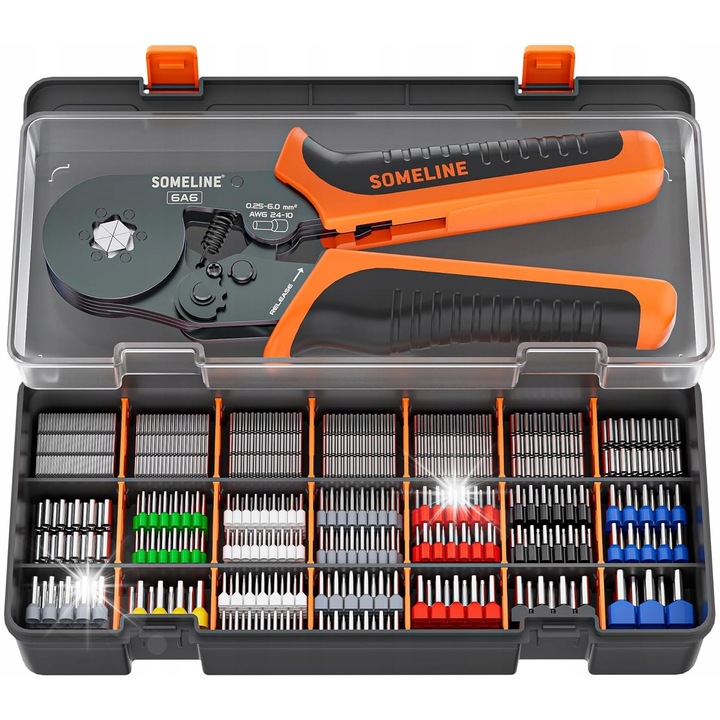 Krimpelő fogó csatlakozókhoz, 210 db 0,34-6mm saru, fekete + narancssárga, 23cm, komplett készlet