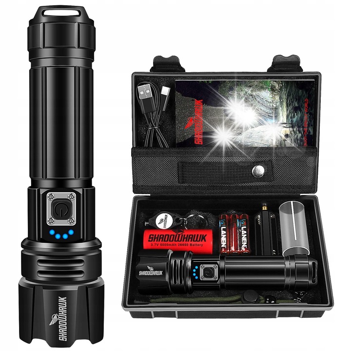 Тактически фенер 10000 лумена, XHP70.2, черен, с включена батерия