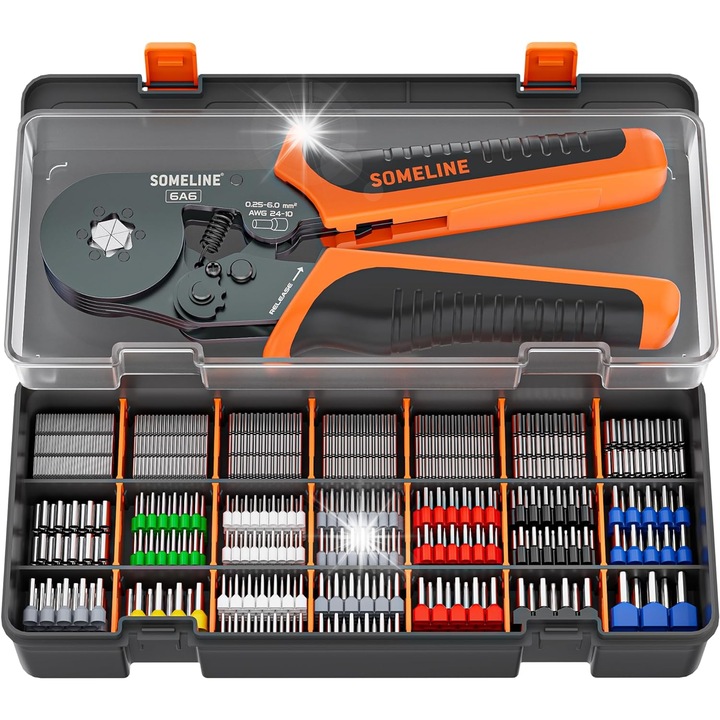 Tulej préselő fogó készlet, 770 db saruval, 0,25-6mm, piros + kék, 17,5cm