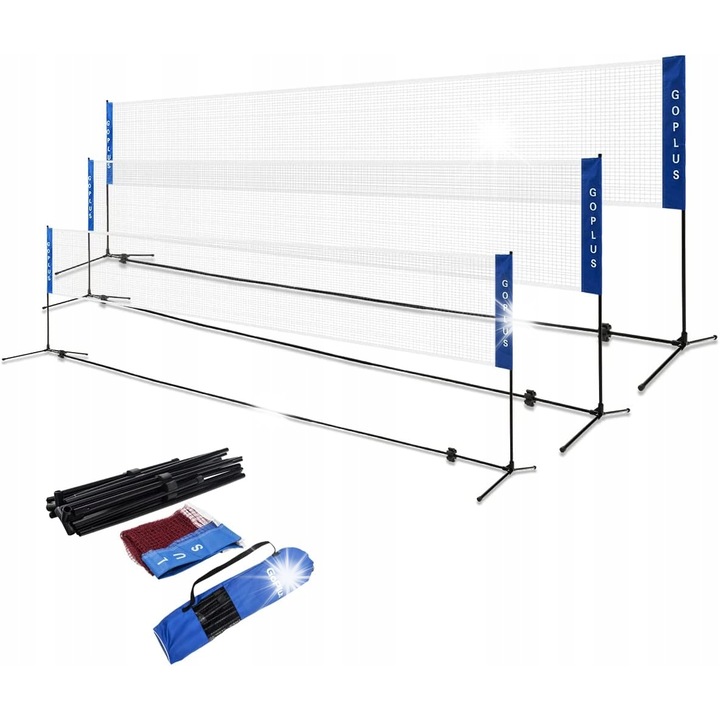 Badminton és tenisz háló szett, 4,2m, fekete-kék, állítható, fémkerettel, szállítható