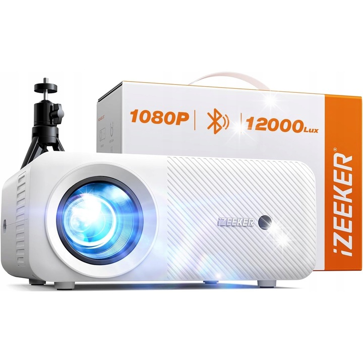 Videoproiector iZEEKER Full HD 1080P, 10000 lumeni, WiFi, Bluetooth, alb, cu trepied