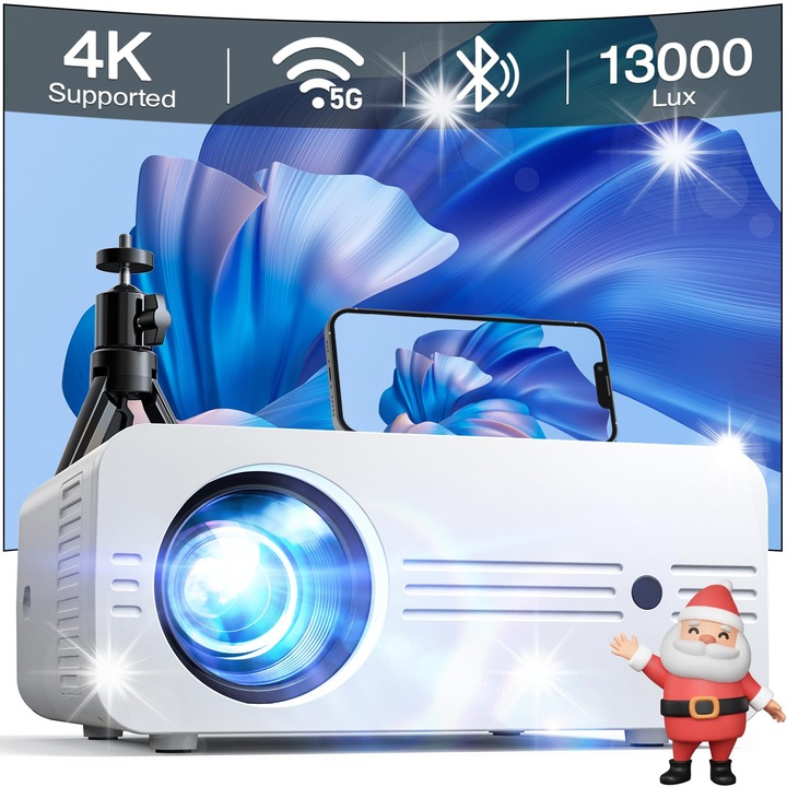 Проектор iZEEKER Mini 5G WiFi Bluetooth 1080P 13000 Lux със стойка, 300"
